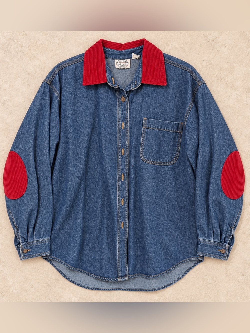 VINTAGE Women’s Denim Shirt with Red Corduroy Collar and Elbow Patches